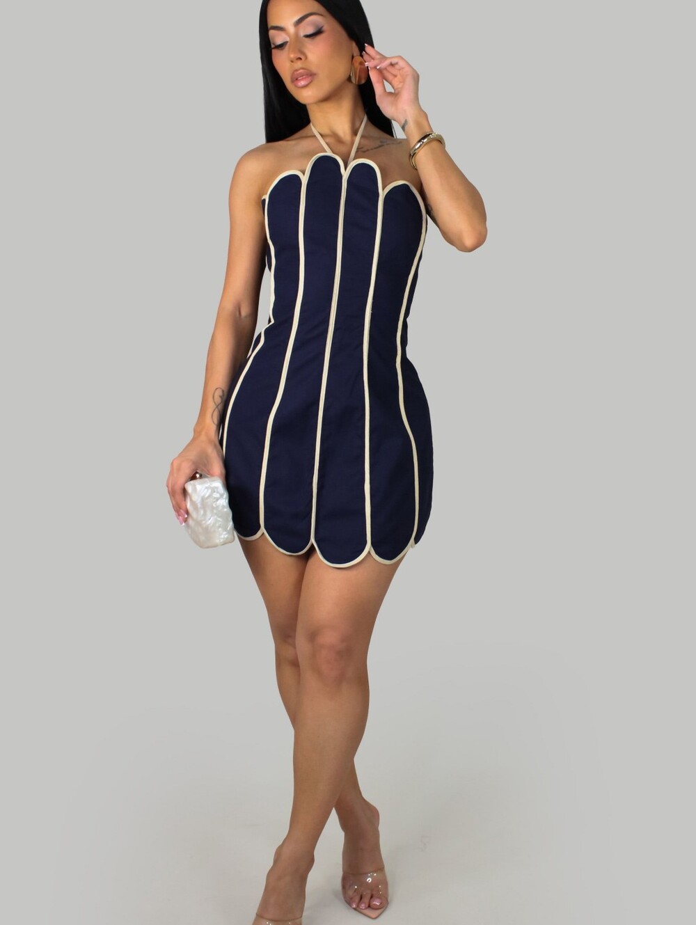 Evenuel Navy Scalloped Halter Mini Dress